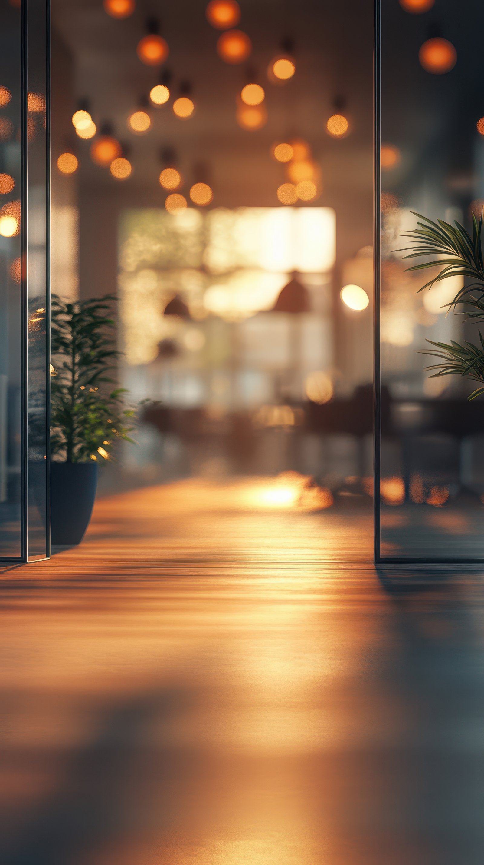 Warm evening light filters through a modern cafe entrance, creating a cozy atmosphere with lush plants and soft lighting